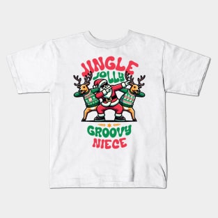 Niece - Holly Jingle Jolly Groovy Santa and Reindeers in Ugly Sweater Dabbing Dancing. Personalized Christmas Kids T-Shirt